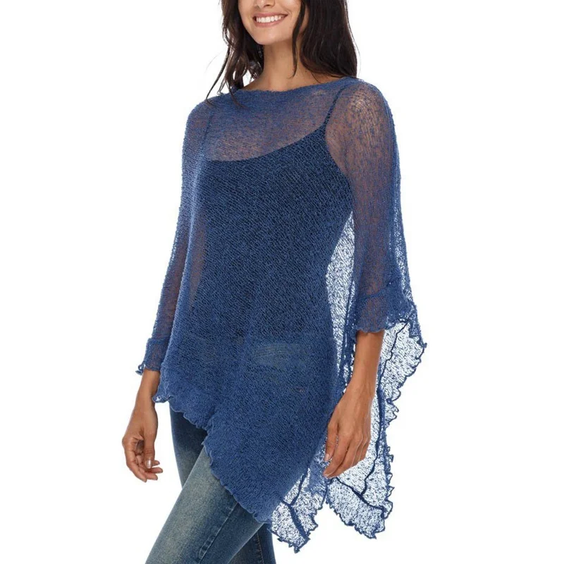 สตรี Sheer Poncho Shrug ถัก Bolero Pullover ไม่สมมาตรตาข่ายผ้าคลุมไหล่ Y2k Going Out Travel Cover Up