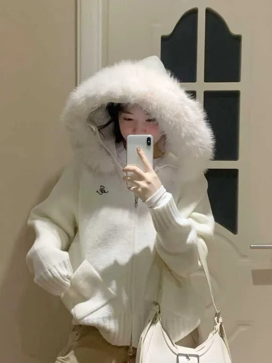 Soft Cozy Lazy Sle Women's Knitted Jaet Coat with Fur Collar Casual All-Match Open Cardigan Sweater for Autumn Winter