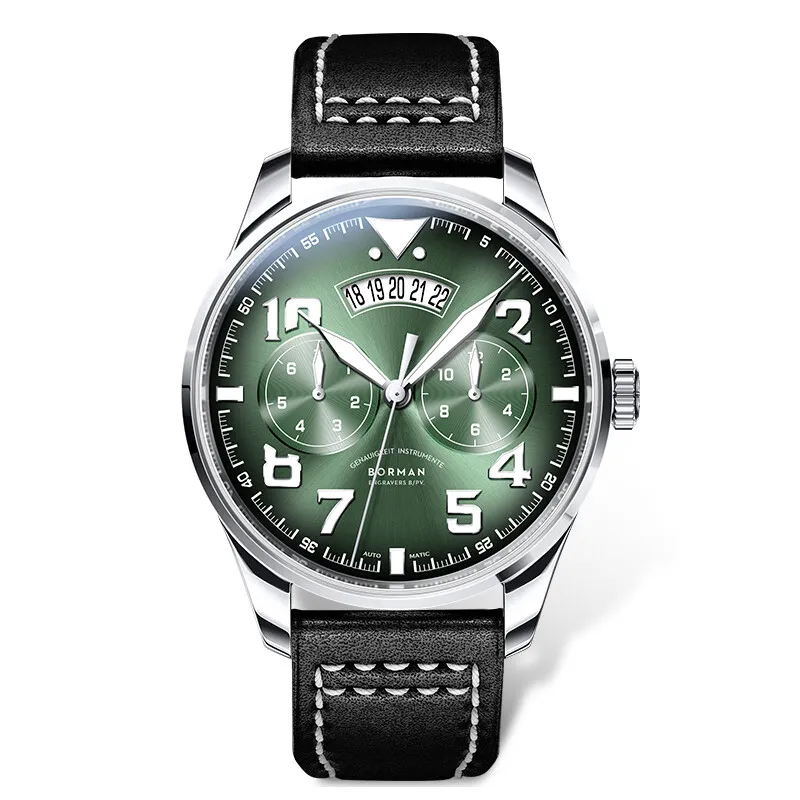 Borman Orologio automatico da uomo 42mm Orologio da polso meccanico pilota Zaffiro luminoso Miyota 9122 Mese Data della settimana
