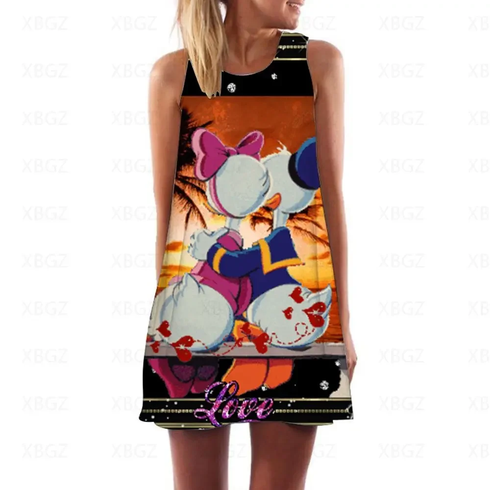 Mini Dress Women\'s Disney Summer Dresses Woman 2022 Cartoon Sundresses Sleeveless Beach Cool Party Fashion Donald Duck Boho Sexy