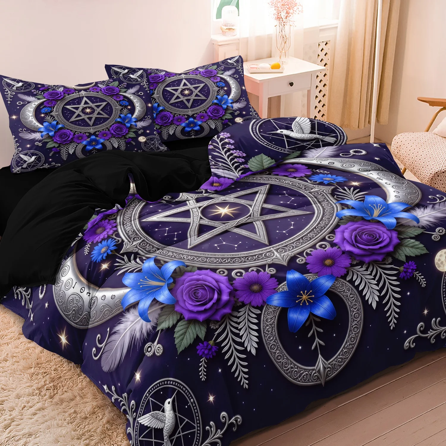 3Pieces Purple Pentagram Crescent Moon Floral White Bird Duvet Cover Set, Celestial Star Rose Lily Feather Occult Print Bedding