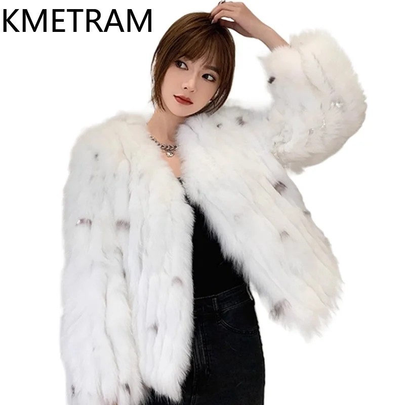 

KMETRAM Natural Fox Fur Coat V-Neck Grace Slimming 2025 Leopard Print Short Winter White Women's Clothing куртка зимняя женская