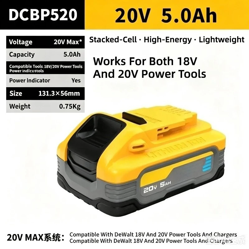 Original Lithium‑ion Battery DCB184 DCB184G DCBP520 5.0Ah For DeWalt 18V‑20V Power Tools