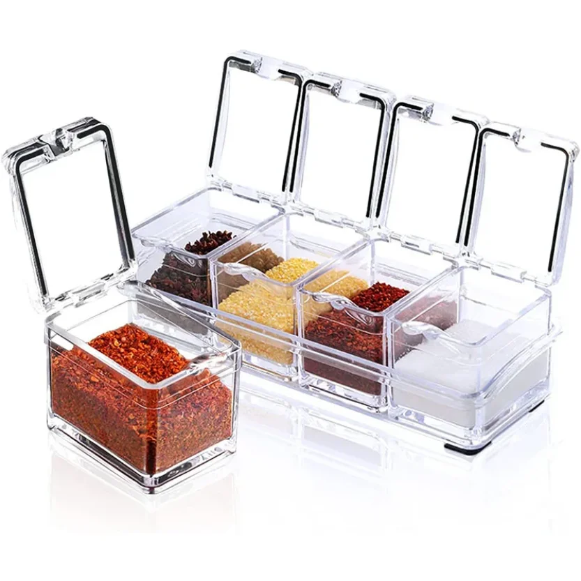 

Kitchen Spice Pot 4 Transparent Seasoning Boxes with Cover and Spoon for Storage Containers Seasoning Cans Acrylic Seasoning Box