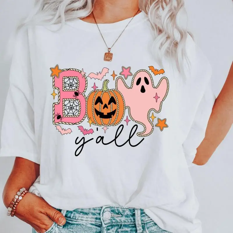 

Boo Y'all Halloween T-Shirt, Spooky Season Ghost Graphic Tee, Pumpkin Bat Stars Print Top, Short Sleeve Gift