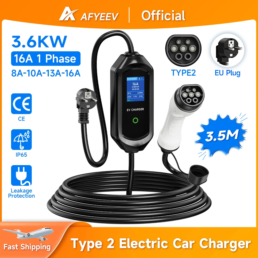 AFYEEV 3.6KW Electric Car Charger Portable Type2 IEC62196-2 EV Charger EU Plug Charging Cable EVSE Wallbox For Electric Car