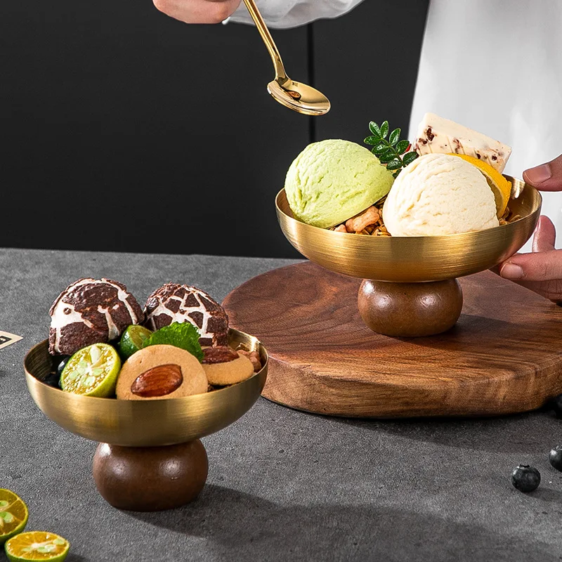

Fruit Plate Goblet Stainless Steel Ice Cream Cup Pudding Cup Salad Plate Wooden Tray Tea Snack Plate Dessert Dish