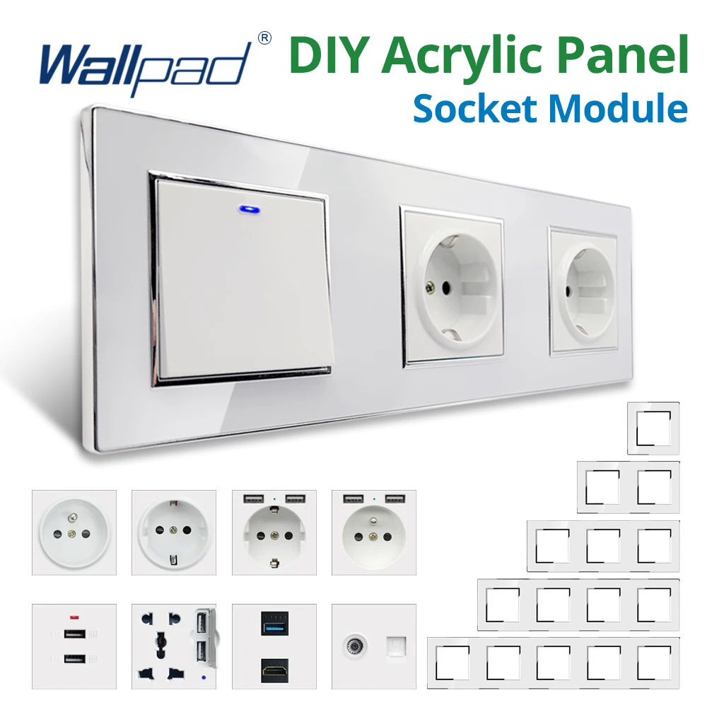 Wallpad DIY Module White Acrylic Panel With Silver Border Wall Power Socket Electrical Outlet Function Key Free Combination