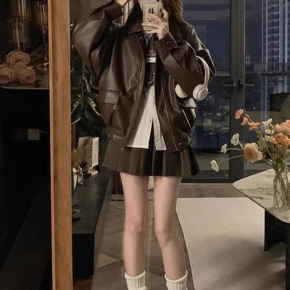Classic Pleated Leather Jacket Women Korean Chic Lapel Collar Vintage PU Coats Outerwear Retro Zipper Overcoat Women