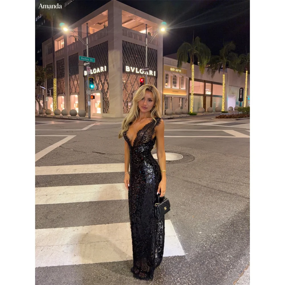 Amanda Customizd V-neck Lace Sleeveless Black Mermaid gown Prom dress Side Slit Sequins Sexy Glamorous Cocktail party dress 2026