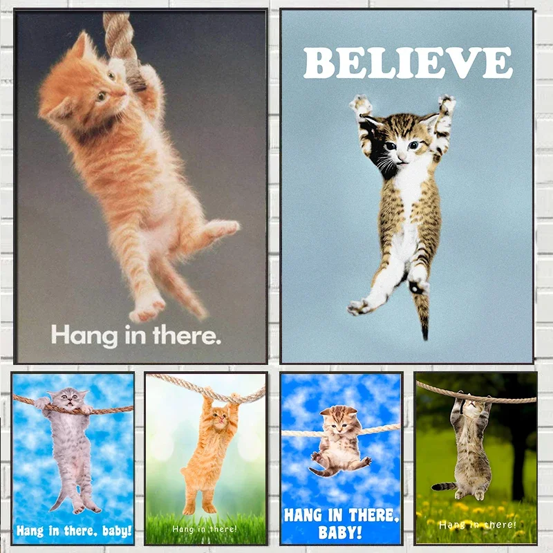 Poster de yoga « Hang In There Baby » avec chat mignon, peinture sur toile, art mural pour la décoration de la maison, du bureau ou de la boutique, impressions adorables d'animaux de compagnie