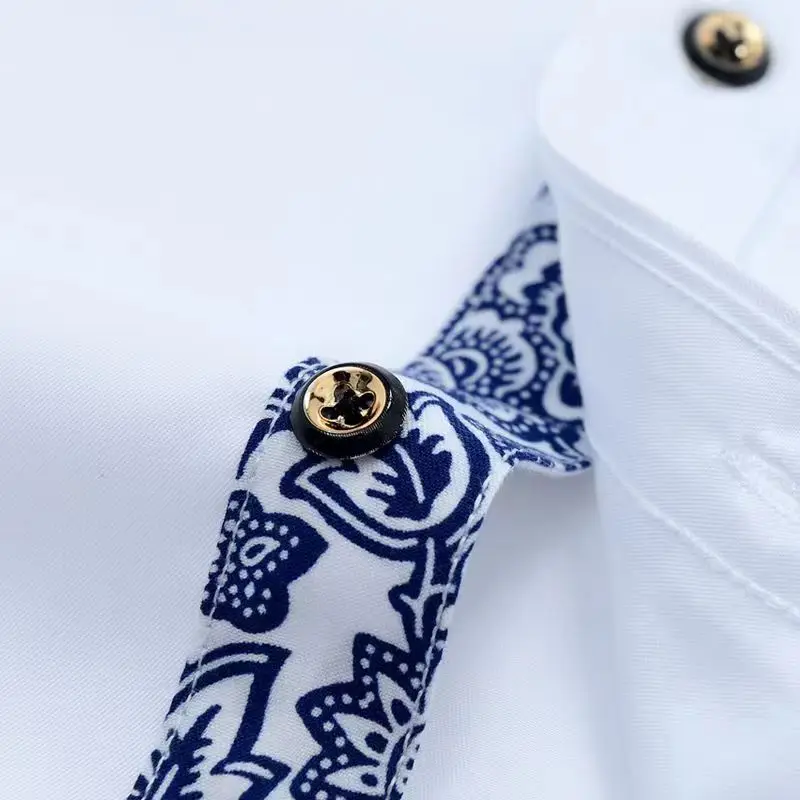 Blue and White Porcelain Collar Dress Shirt for Men,2024 New High Quality Cotton Long Sleeves Men\'s Business Slim Fit Shirts