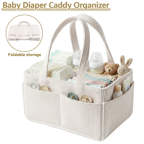 Bolsa de Fraldas de Grande Capacidade em Corduroy, Portátil e Dobrável, Bolsa para Mamãe, Cesto Organizador de Berçário com Design Dividido