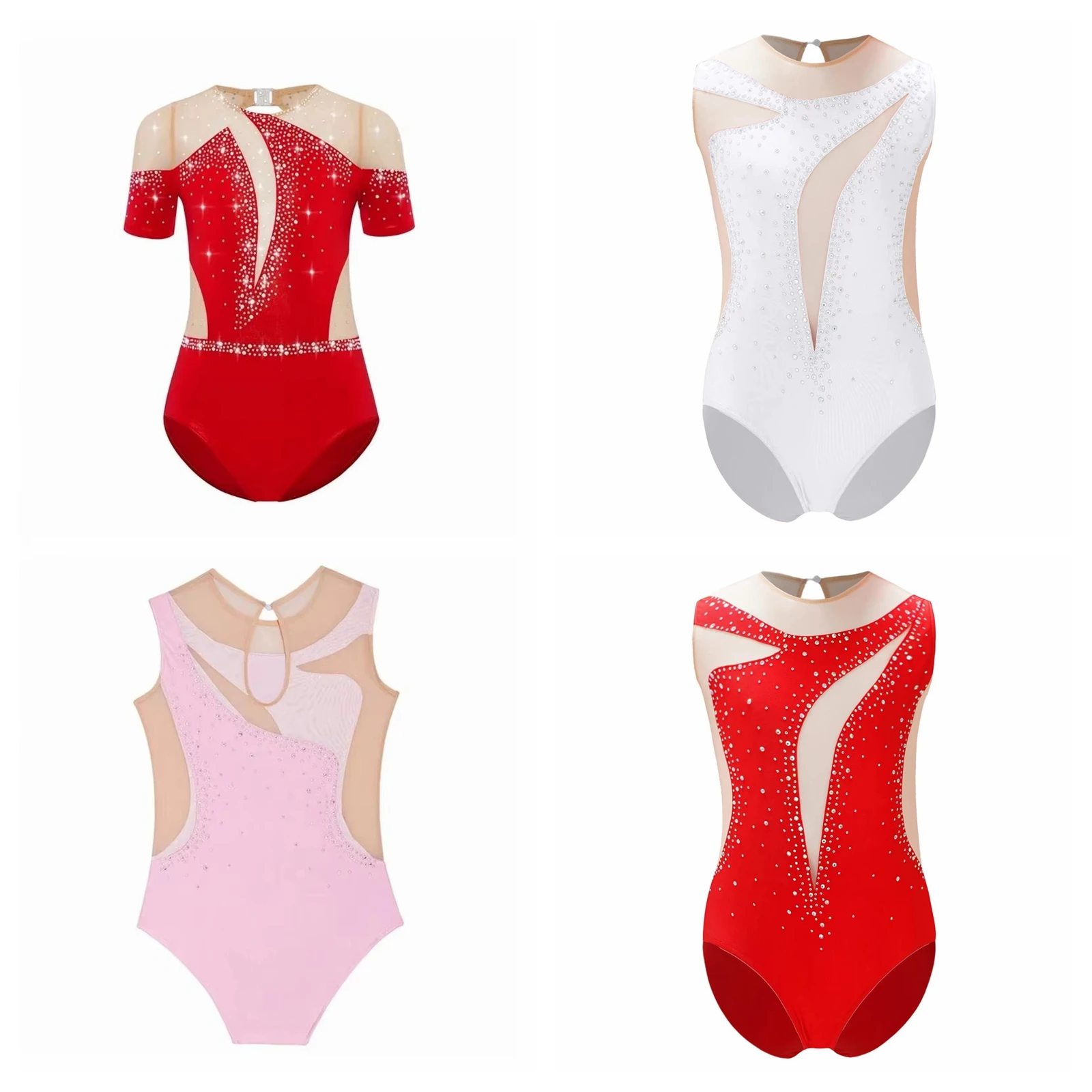 

Girls Rhythmic Gymnastics Figure Skating Leotard Tights Teens Sheer Mesh Ballet Dance Jumpsuit Children Acrobatics Bodysuit