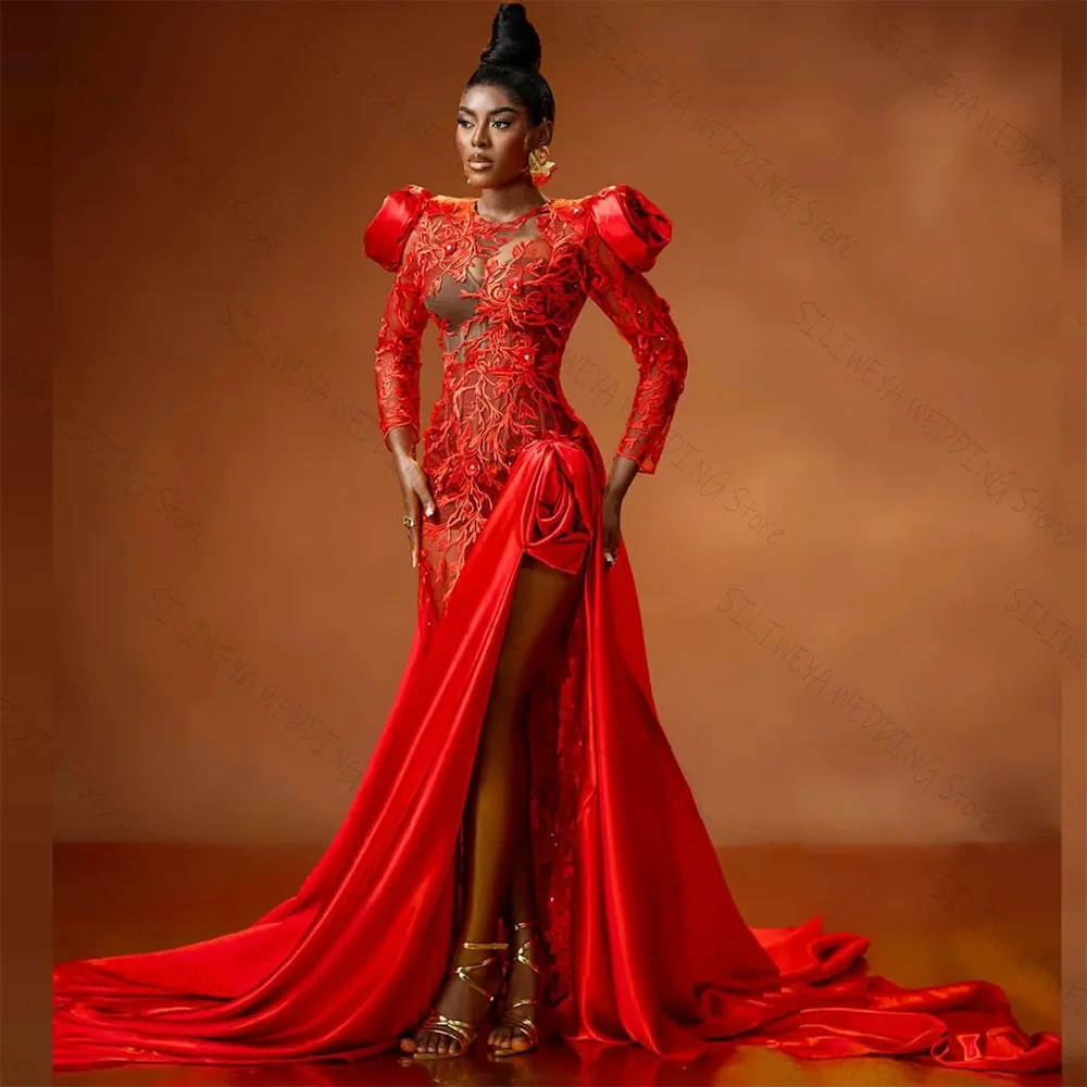 Sexy Red Mermaid Evening Dresses With Handmade Flowers Appliques Lace Beads Aso Ebi Prom Dress Long Sleeves Wedding Party Gown
