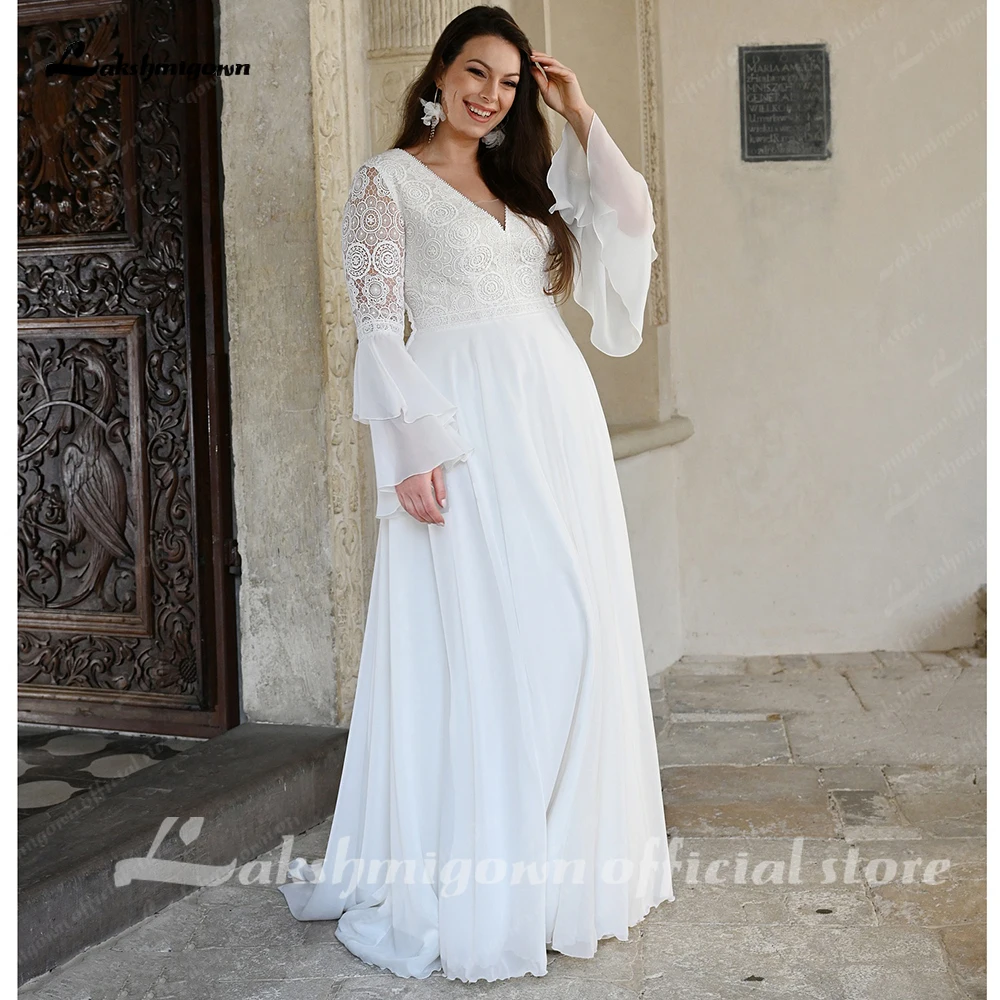 Lakshmigown Plus Size Chiffon-Brautkleid mit ausgestellten Ärmeln 2027 Neu, Schnürung am Rücken, V-Ausschnitt, Spitze, A-Linie, Brautkleider, maßgeschneidert – Detail 5