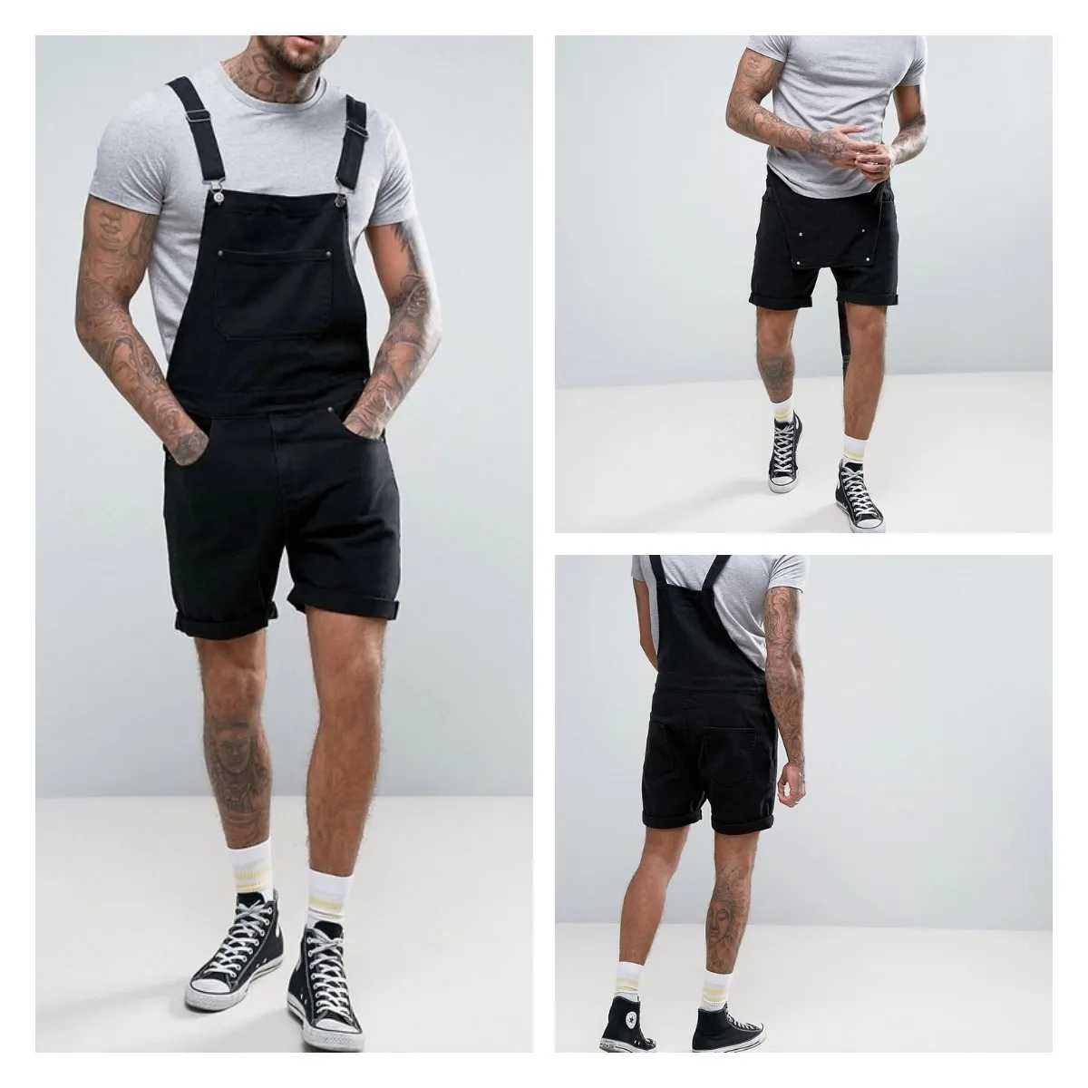 Vintage Men Jeans Denim Black Shorts One-piece Overalls Suspenders Streetwear Men Jumpsuit Pants