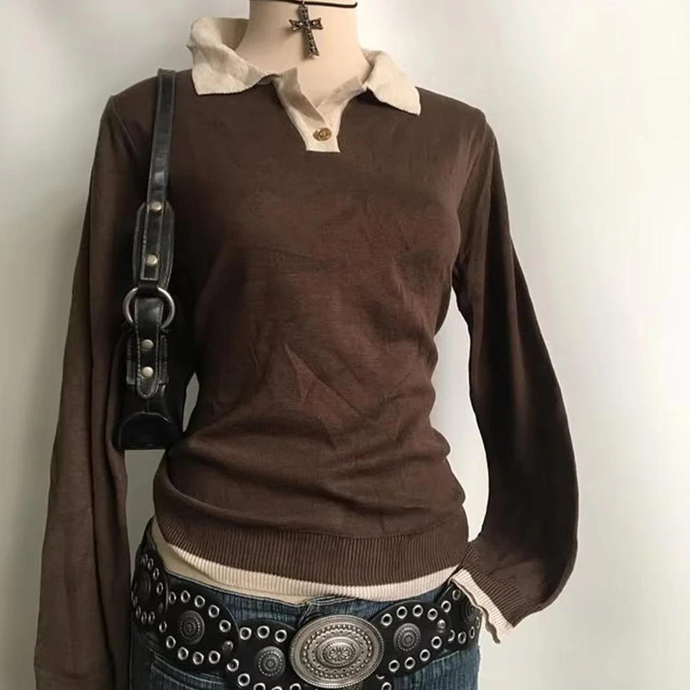 

INS Style Autumn and Winter Mixed Color Stripe Collar College Style Student Loose Slimming Shirt Trendy Brown Long Sleeve Women