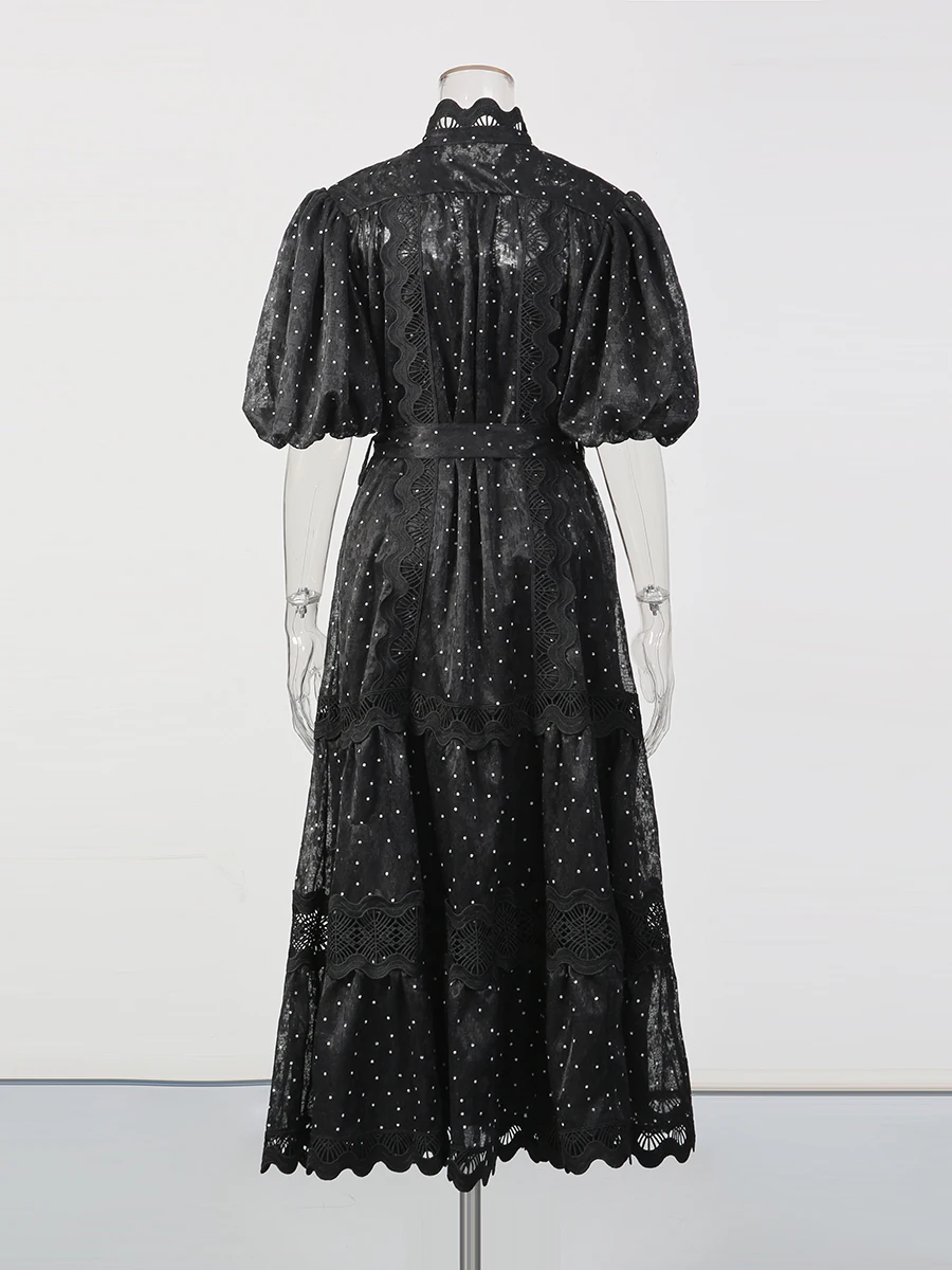 เดรสผ้าโปร่งลายจุด TWOTWINSTYLE สำหรับผู้หญิง คอตั้ง แขนพอง เอวสูง แต่งผ้าลูกไม้ผูกเชือก ดีไซน์หรูหรา สไตล์ลำลอง