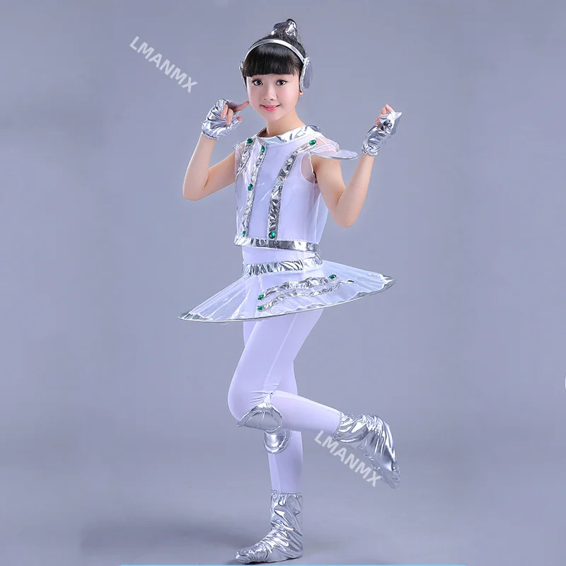 Kids Robot Costume White Silver Astronaut Performance Space Stage Dance Show Time Clothing Unisex Dance Clothes Boy or Girl