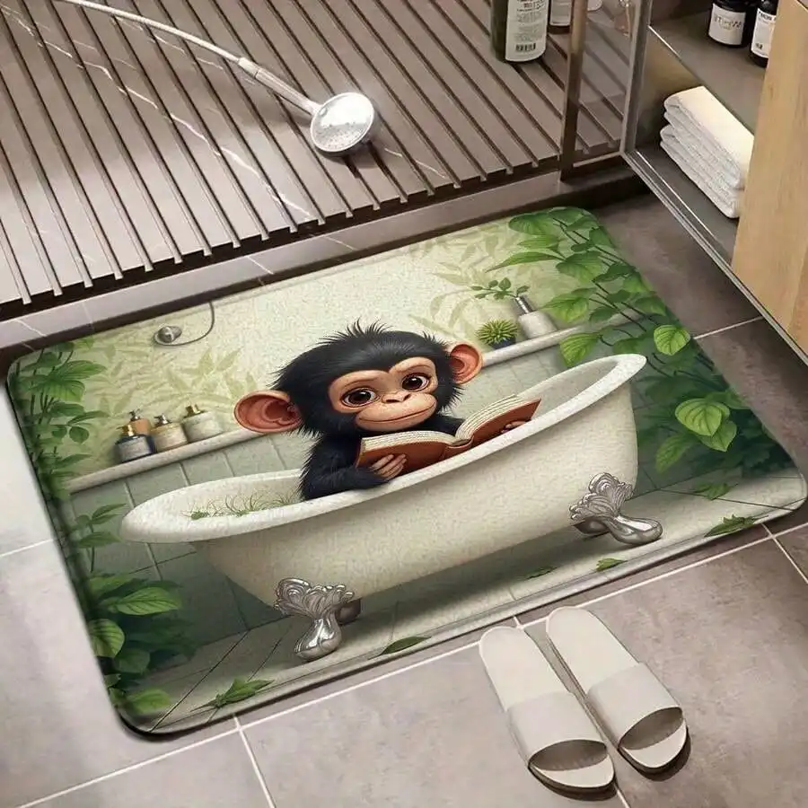 Cute Monkey Bath Mat - Cartoon Chimp Reading Book in Bathtub Rug, Green Plant Bathroom Floor Mat, Non-Slip, Multiple Sizes
