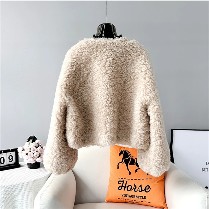 Casaco curto de ovelha shearling feminino, casaco quente novo, lã de cordeiro, moda feminina, outono, inverno, JT461