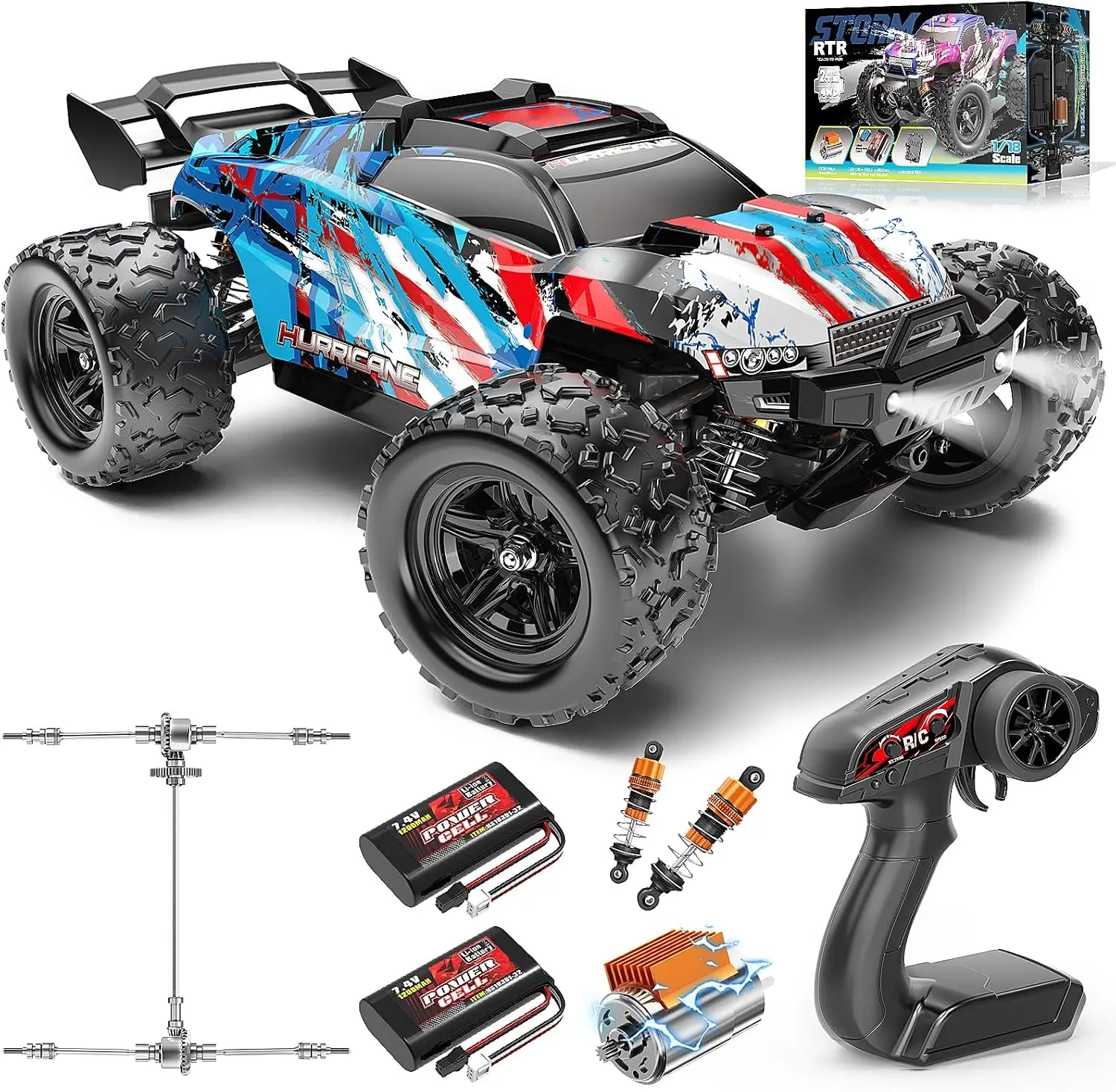 1:18 Scale RC Cars, Entry-Level 4x4 Remote Control Racing Truck for Adults & Boys, All-Metal Drivetrain Off-Road RC Car 40 km/h with 2 Batteries, Fast Remote Control Car for Adults