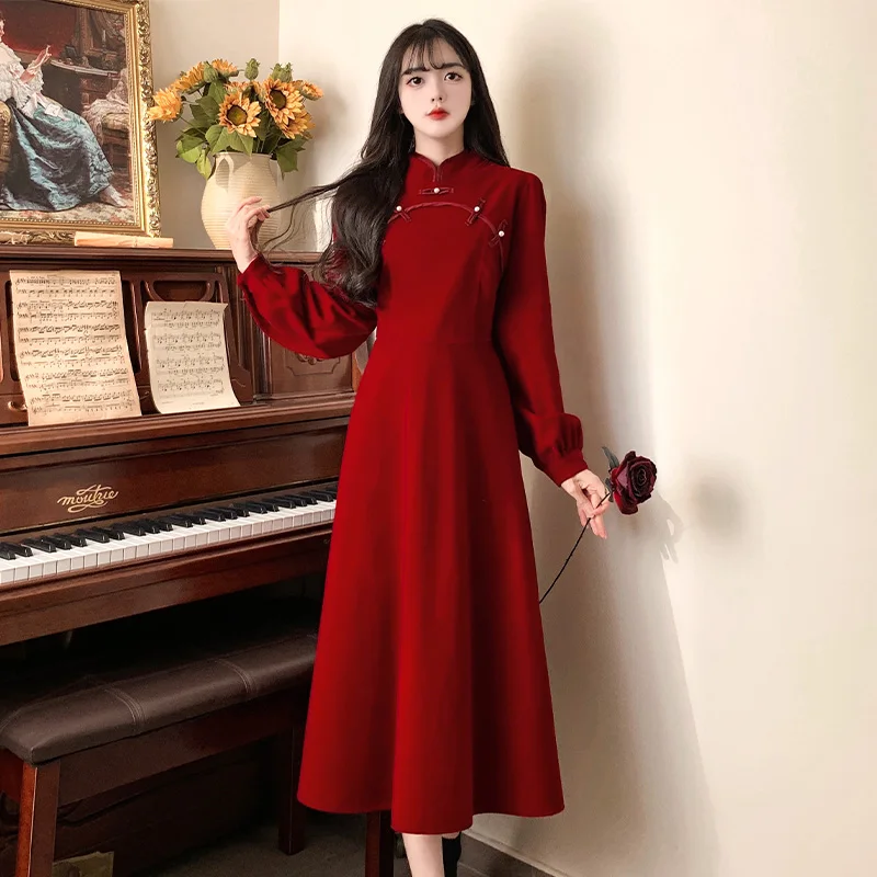 Elegant Velvet Cheongsam Long Dresses For Women Large Size Autumn Winter Loose Female Long Sleeve Red Vestido A Line Slim Robe