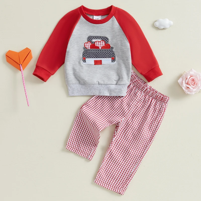 Baby Boy Valentine Outfit Truck Embroidery Long Sleeve Sweatshirt and Plaid Print Pants 2 Piece Clothes for Toddler