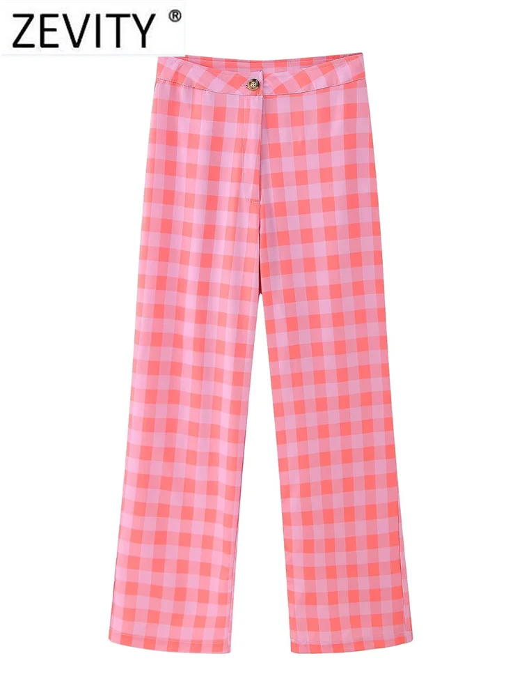 

ZEVITY 2024 Women Fashion Pink Plaid Print Casual Slim Straight Pants Female Chic Zipper Fly Long Length Trousers Mujer P300