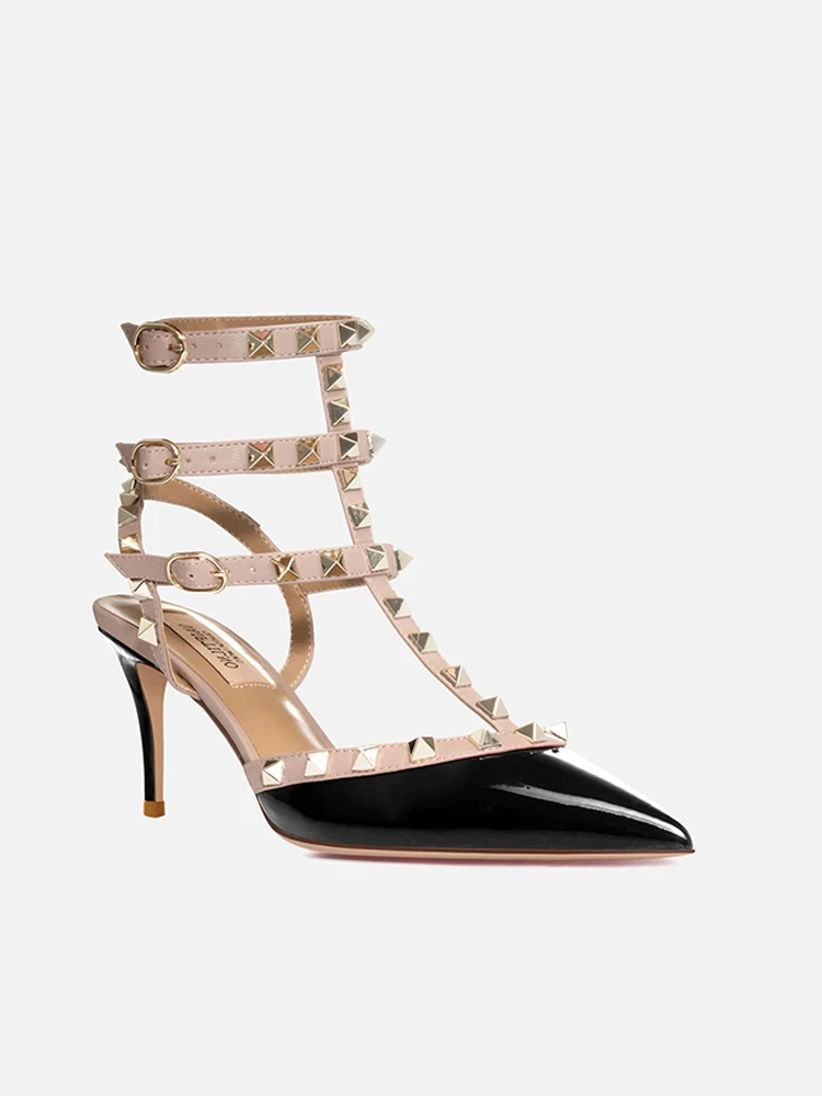 Three ring thin heel nude color Warren rivet pointed high heels, leather toe cover, exposed toe, sexy empty strap sandals