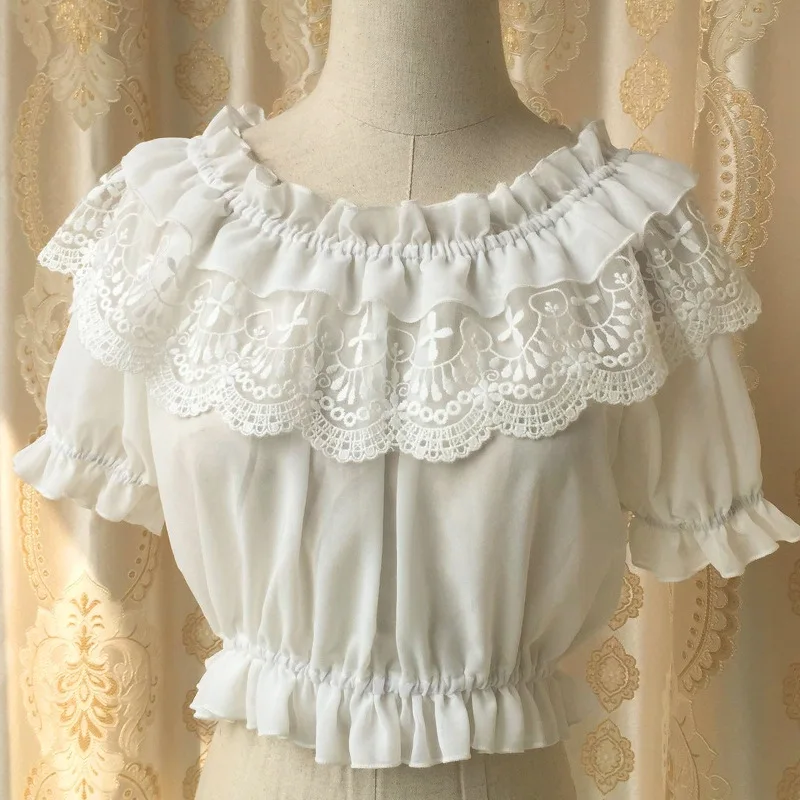 Women Sheer Mesh Puff Sleeve Tops Sweet Princess Lolita Tops Kawaii Lace Ruffled Bottoming Tube Tops Mori Girl Bottom Blouses