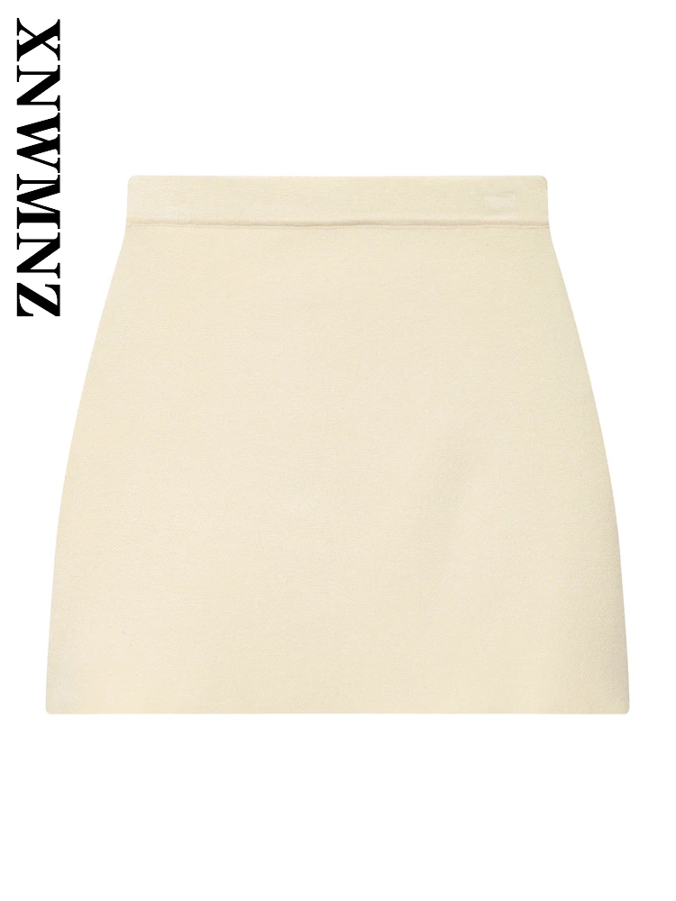 

XNWMNZ 2025 Autumn New Woman Fashion Simple Knit mini A-lineskirt Casual Chic Women Clothing Beige Slim