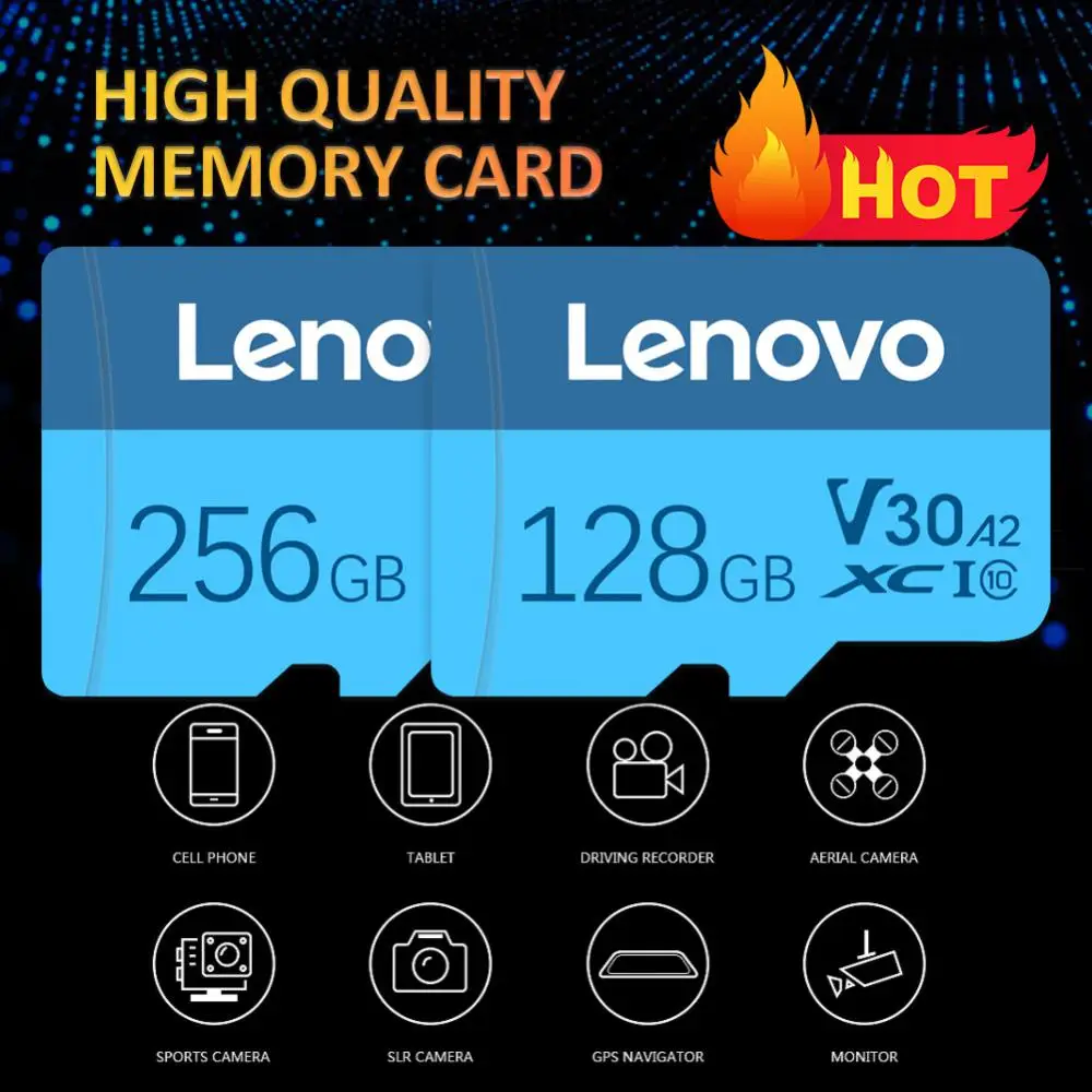 Lenovo การ์ดหน่วยความจำ SD 128GB 256GB แฟลชการ์ด SD/TF 512GB UHS-1การ์ดหน่วยความจำแฟลช1TB 2TB พร้อมแพคเกจฟรีอะแดปเตอร์ SD