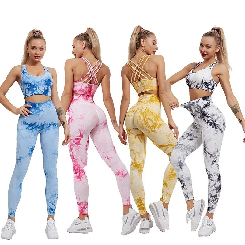 Print Stretchy Leggins Women Casual Sprotswear Slim Tracksuit Jogger Sportswear Fitness Suit Tie Dye Female Clothing Yoga Set