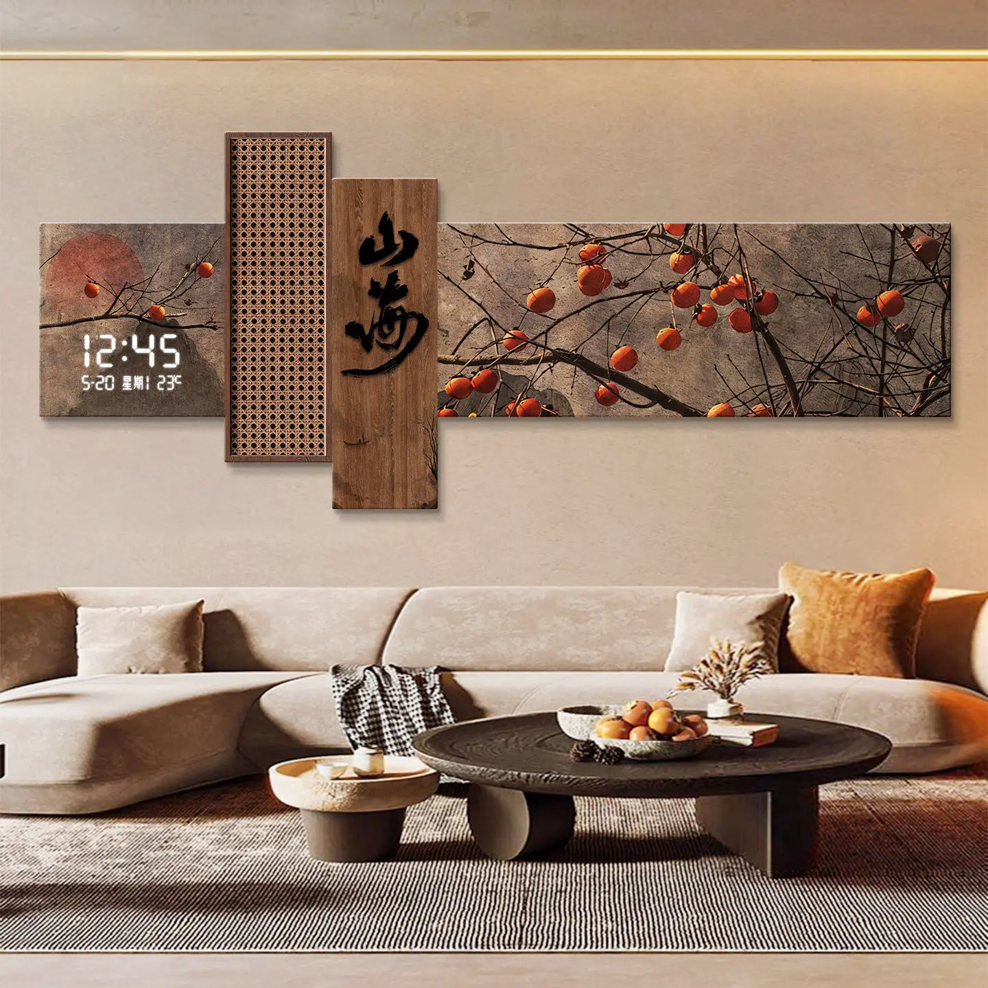 Vintage Living Room Decoration Painting Led Electronic Clock Tea Room Background Wall Hanging Painting Persimmon Wall Lamp