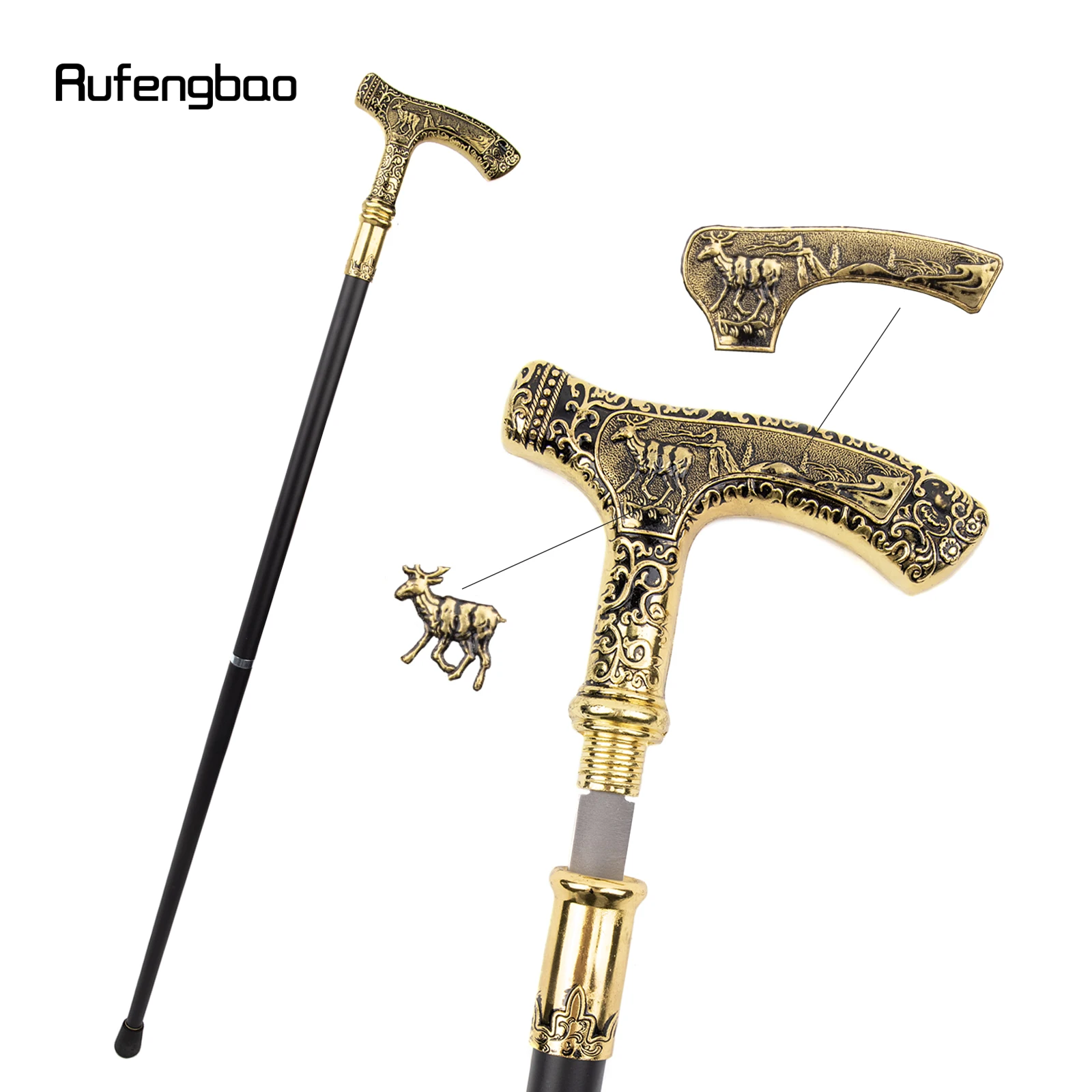 Gold Luxury Deer Handle Walking Stick with Hidden Plate Self Defense Fashion Cane Plate Cosplay Crosier Stick 90cm