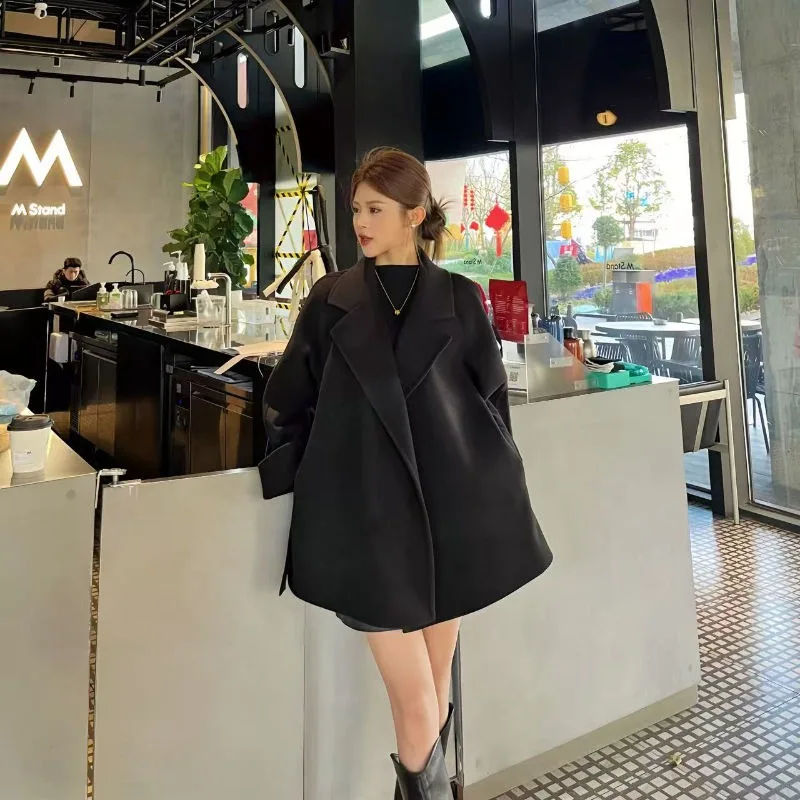 

Women's Outerwear 2025 Spring Autumn Loose Double-Sided Velvet Coat Short Short Small Korean Version Loose Slimming Woolen Coat