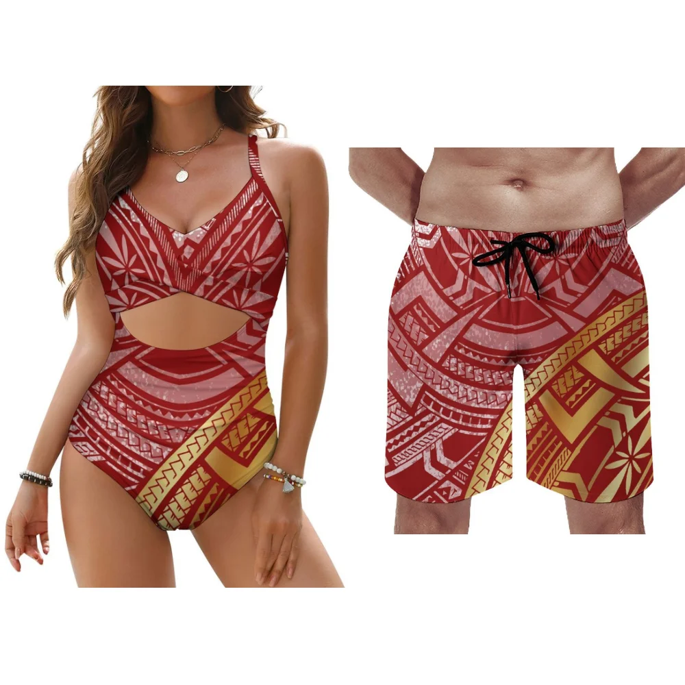 Polynesian Custom Beach คู่ลูกไม้ชุดบิกินี่ผู้ชายกางเกงว่ายน้ําผู้หญิง Push Up ชุดว่ายน้ําฤดูร้อนวันหยุด