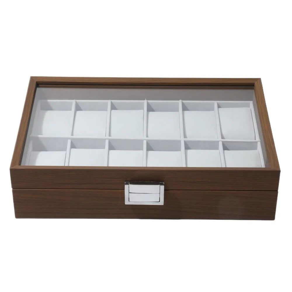 Hot Sale Retro Brown Wood 12-Slot Watch Organizer Box 12 Watch Box Organizer Premium Display Case with Glass Window