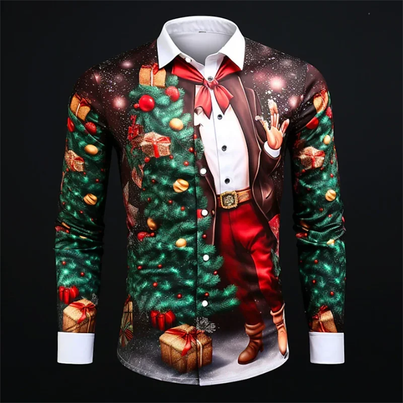 Fashion Button Santa Shirt New Style Red Festive HD Pattern Soft Comfortable Elastic Material 2024 Designer Design Plus Size