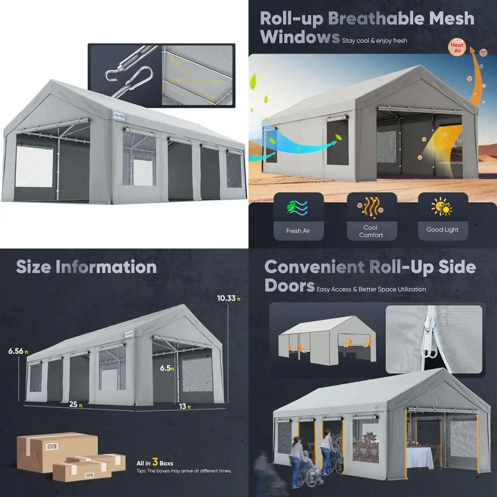 

Heavy-Duty 13x25ft Carport with Side Zipper Doors, Snowproof Steel Cables, Ventilated Windows, Waterproof Storage Solution