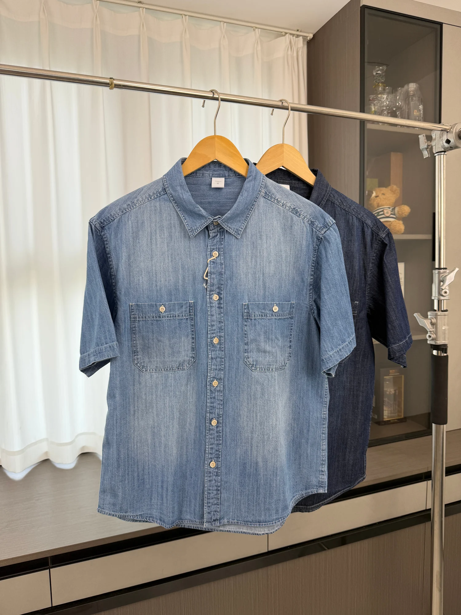 

Outdoor Workwear Style! Fully Washed Cotton Men's Summer Loose Casual Collar Short Sleeve Denim Shirt Trendy Breathable Fashion