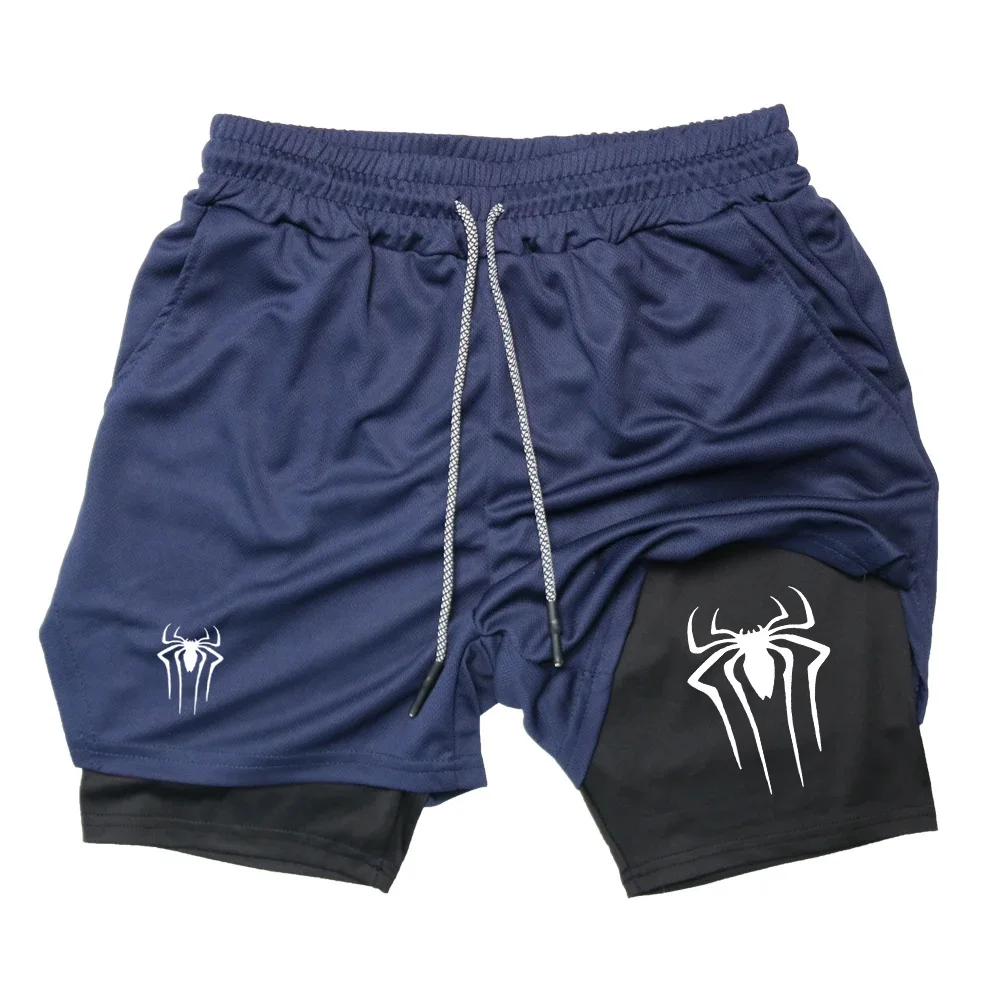 2024 Shorts for Men Summer Spider Printed GYM Casual Sports Compression Shorts Workout Running Mesh 2 in 1 Sport Short Pants