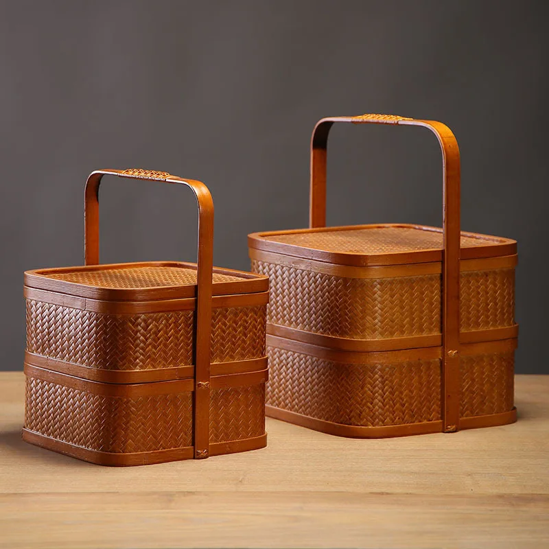 

Bamboo woven retro food box, handmade, with lid, handle, food delivery, food storage, tea storage, traditional portable basket