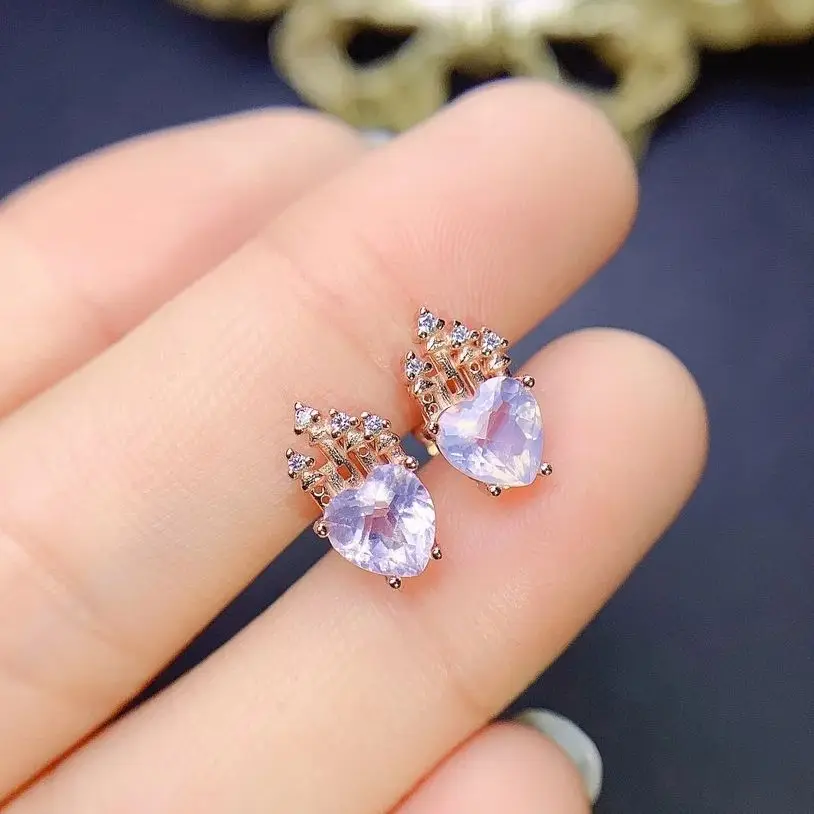 Lavender Quartz Magic Castle Earrings In Sterling Silver 925 Gemstone Lavender Amethyst Heart Stud Earrings For Women