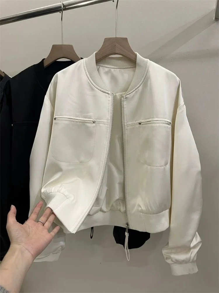 Casual Loose Acetate Satin Jacket Women's Stand Collar Baseball Style Spring 2026 New Fashion Outerwear Zipper Pocket Design