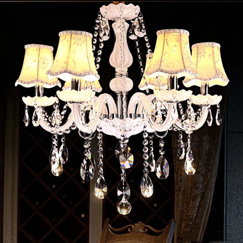 Nordic White Luxury Villa Crystal Chandelier Modern Atmosphere 6 Head Living Room Bedroom Pendent Lamp Condominium Led Droplight