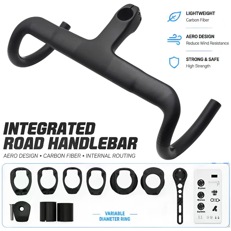 Newest Racing Road Bike Aero Matte UD Full Carbon Fiber Integrated Handlebar And Stem with 31.8mm Conversion Adapter 28.6mm