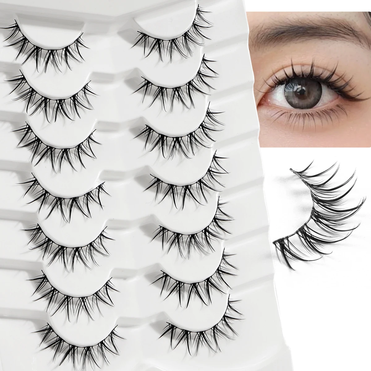 

MAGEFY Long Fluffy False Strip Lashes 7 Pairs Curled Eyelashes Natural Eyelash Extensions Manga Lashes Cat Eye Lashes for Daily